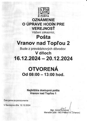 Úprava hodín pre verejnosť na Slovenskej pošte Vranov n.T. 2 1