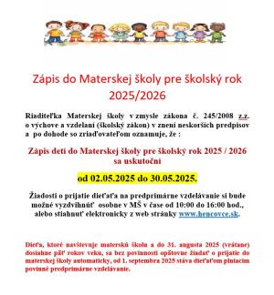 Zápis detí do materskej školy na školský rok 2025/2026 1